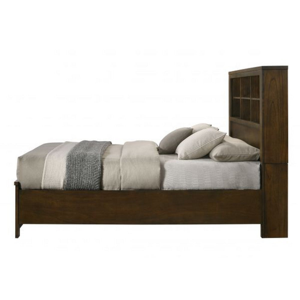 Maryl Queen Bed with Bookcase Headboard Solid Wood Oak Brown Finish By Casagear Home BM309660