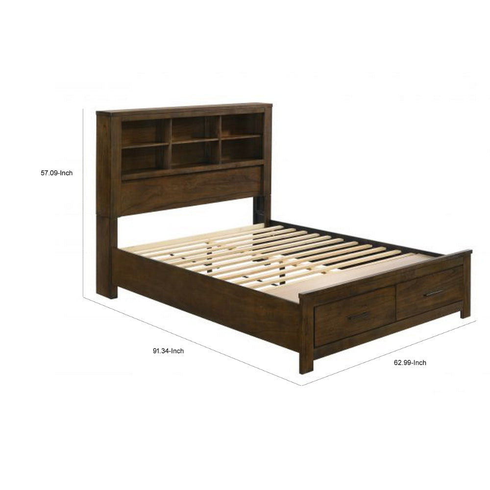 Maryl Queen Bed with Bookcase Headboard Solid Wood Oak Brown Finish By Casagear Home BM309660