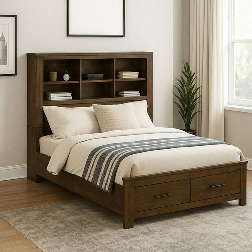 Maryl Queen Bed with Bookcase Headboard, Solid Wood, Oak Brown Finish  By Casagear Home
