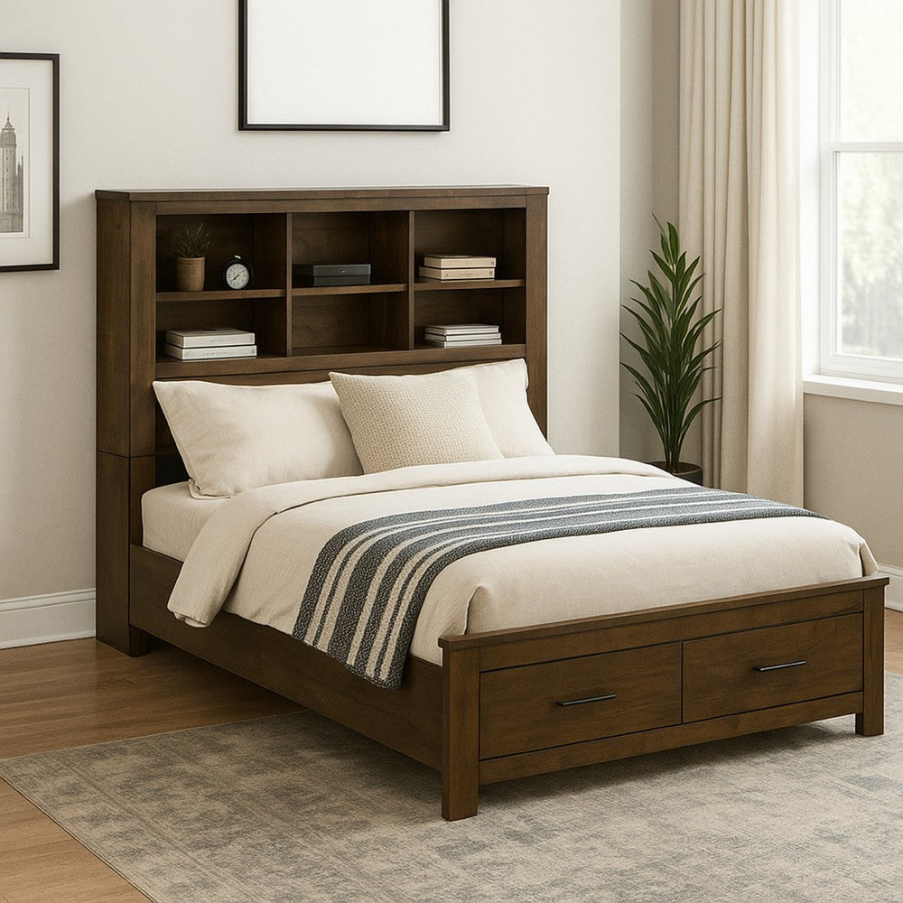 Maryl Queen Bed with Bookcase Headboard, Solid Wood, Oak Brown Finish  By Casagear Home