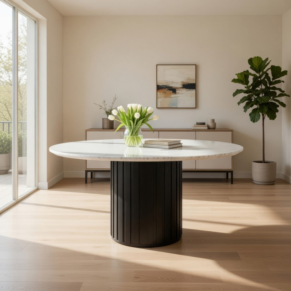 Jerry 54 Inch Dining Table, Round Faux Marble Top, Black Pedestal Base By Casagear Home