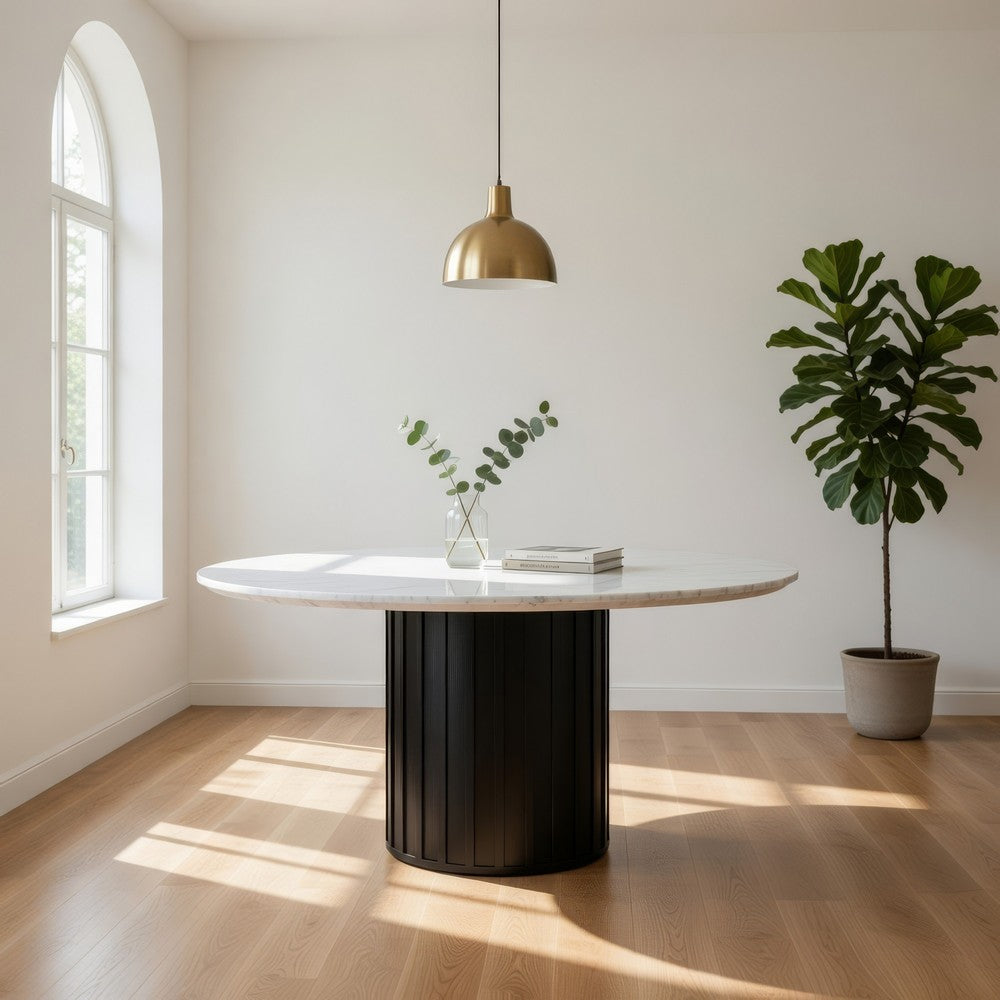 Jerry 54 Inch Dining Table, Round Faux Marble Top, Black Pedestal Base By Casagear Home