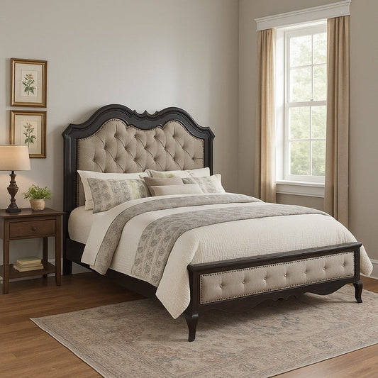 Chery California King Bed, Button Tufted Headboard, Beige Fabric, Black By Casagear Home