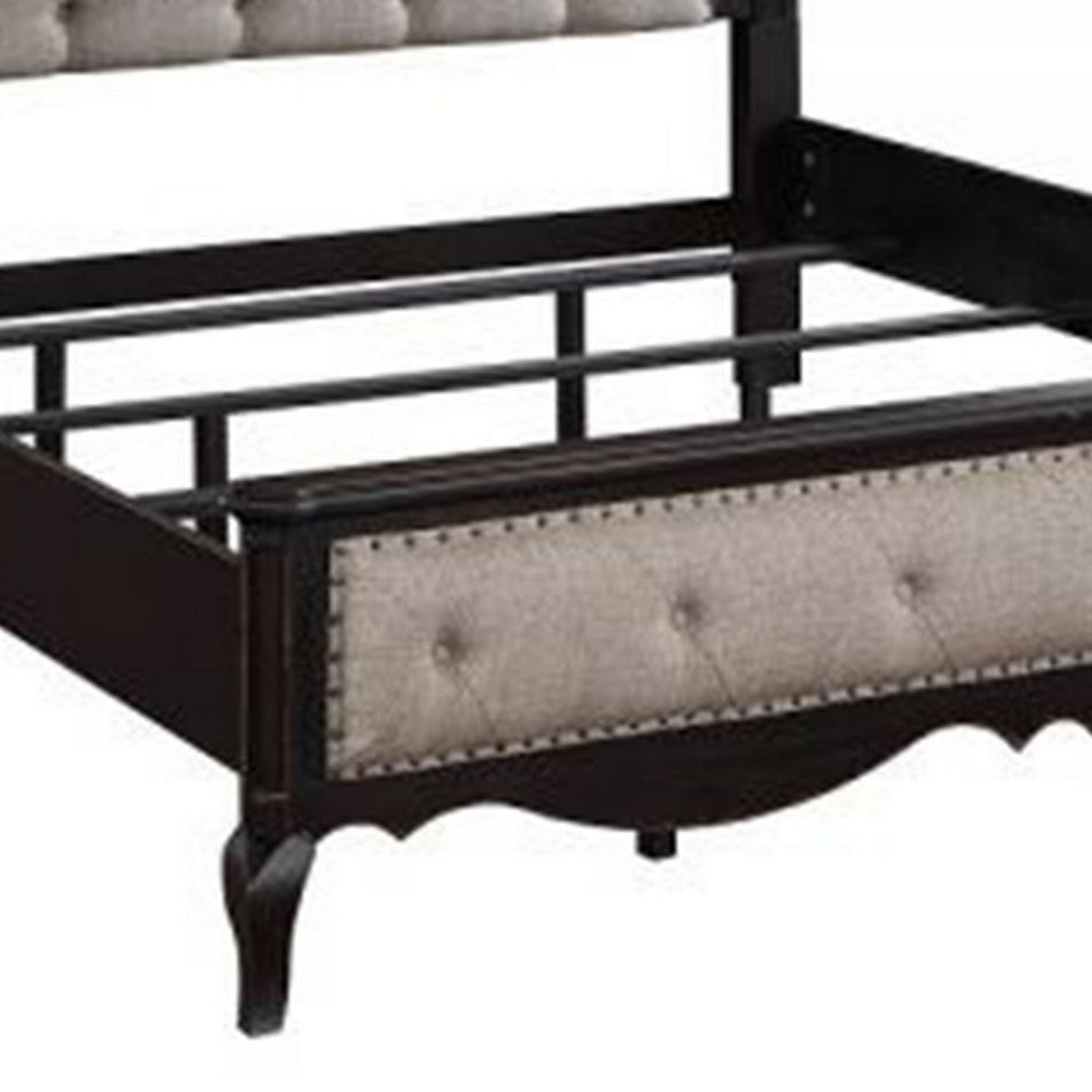 Chery King Size Bed with Button Tufted Headboard Beige Upholstery Black By Casagear Home BM309665