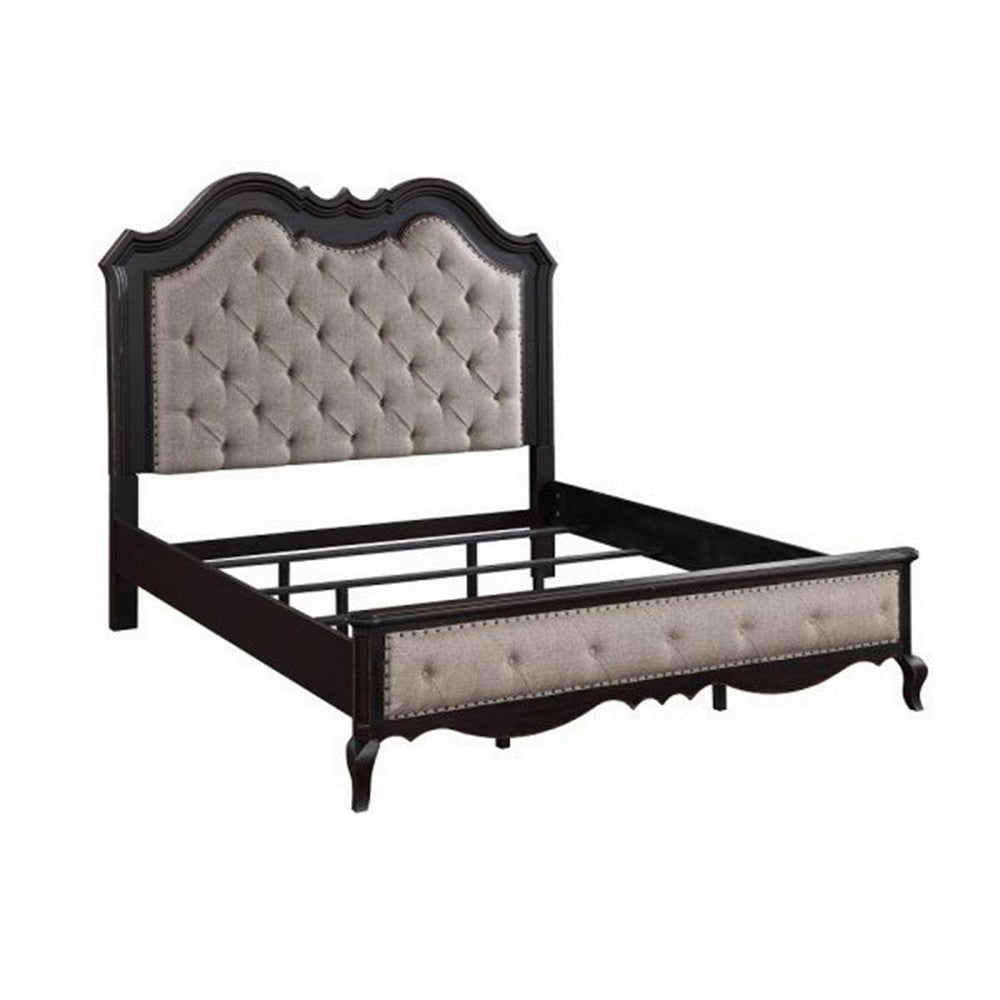 Chery King Size Bed with Button Tufted Headboard, Beige Upholstery, Black By Casagear Home