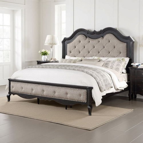 Chery Queen Size Bed with Button Tufted Headboard, Beige Upholstery, Black By Casagear Home