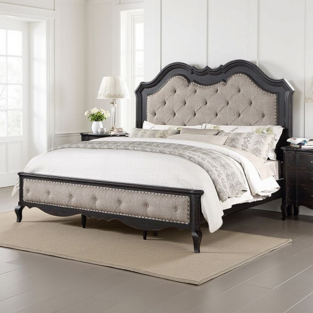 Chery Queen Size Bed with Button Tufted Headboard, Beige Upholstery, Black By Casagear Home