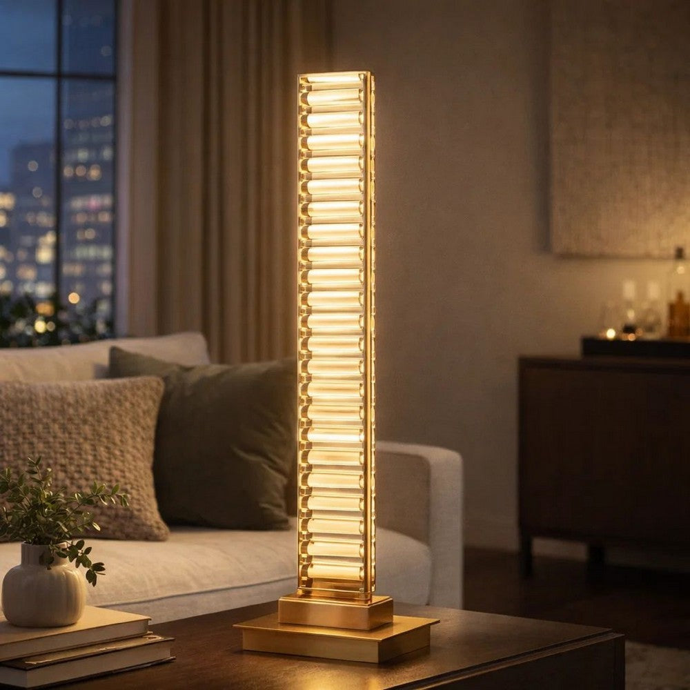 Lizy 24 Inch Tall, Thin Table Lamp, Crystal, LED Metal Frame, Antique Brass By Casagear Home