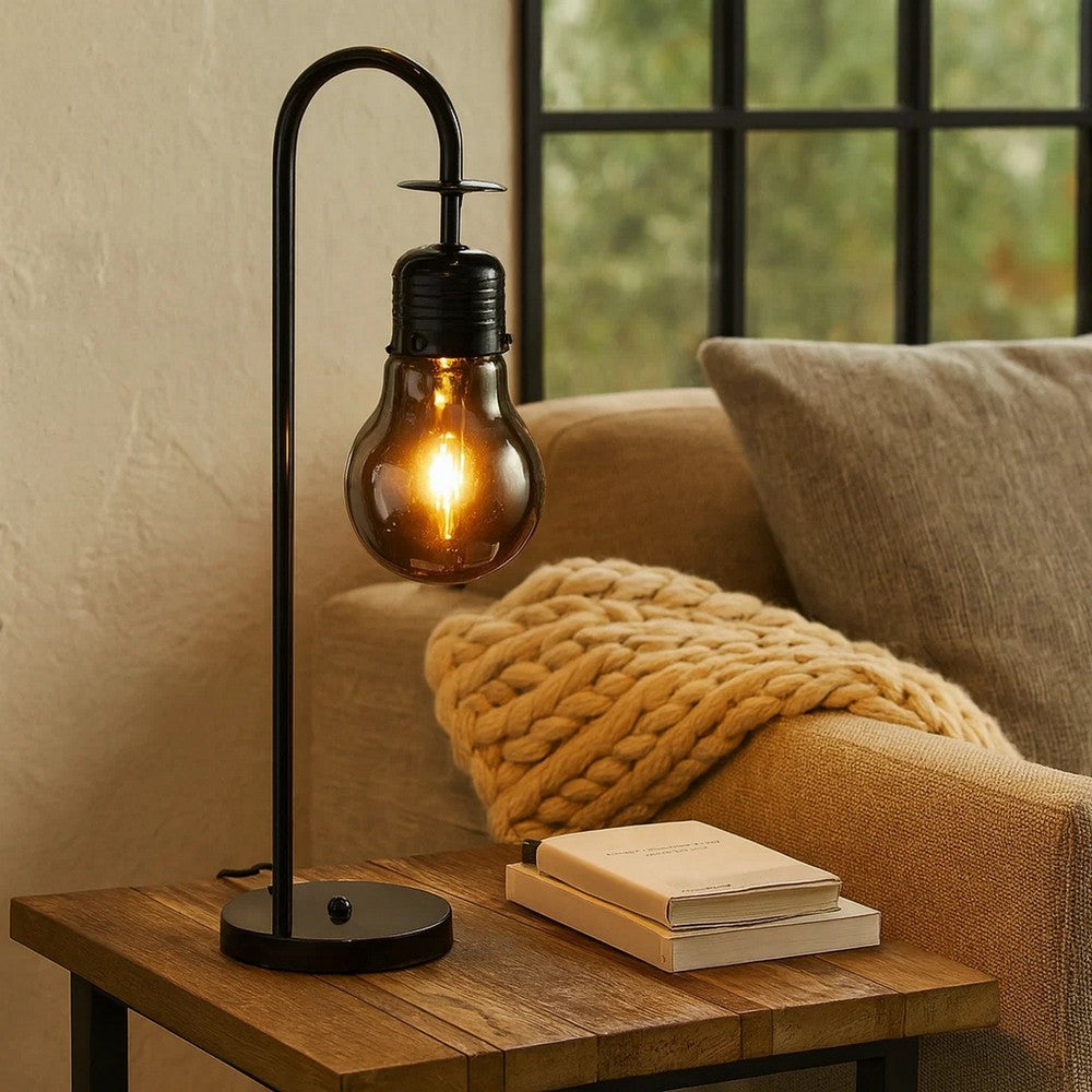 30 Inch Arc Table Lamp, Glass Bulb Shaped Shade, Metal, Black Nickel By Casagear Home