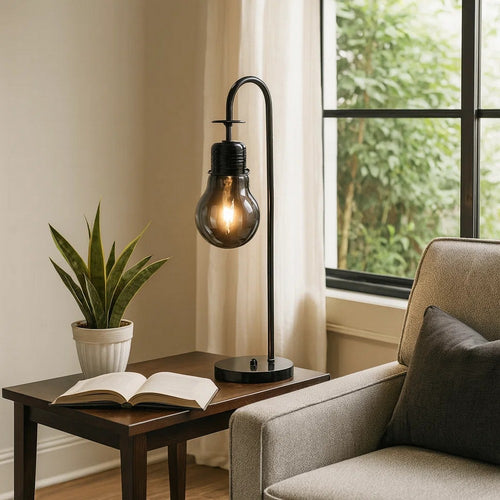 30 Inch Arc Table Lamp, Glass Bulb Shaped Shade, Metal, Black Nickel By Casagear Home