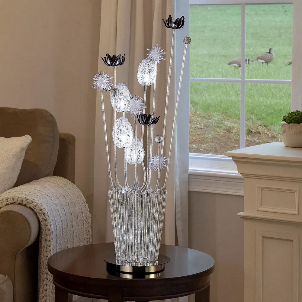 26 Inch Accent Table Lamp, Flower Vase Design, Metal, Chrome Finish By Casagear Home