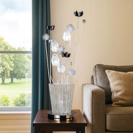 26 Inch Accent Table Lamp, Flower Vase Design, Metal, Chrome Finish By Casagear Home