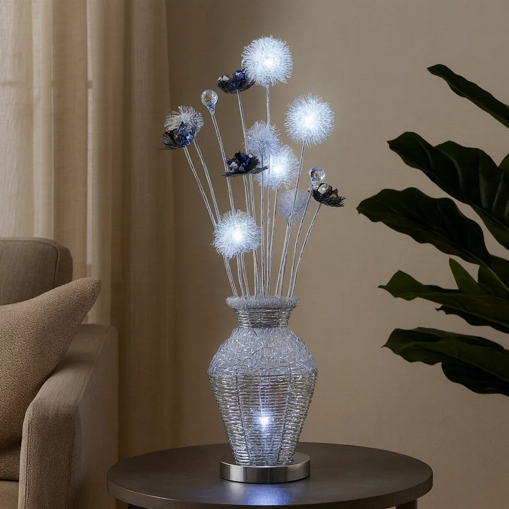 32 Inch Accent Table Lamp, Metal Flowers with Vase Design, Chrome Finish By Casagear Home