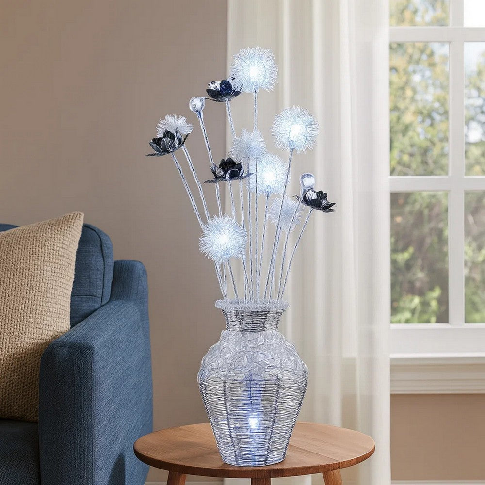 32 Inch Accent Table Lamp, Metal Flowers with Vase Design, Chrome Finish By Casagear Home
