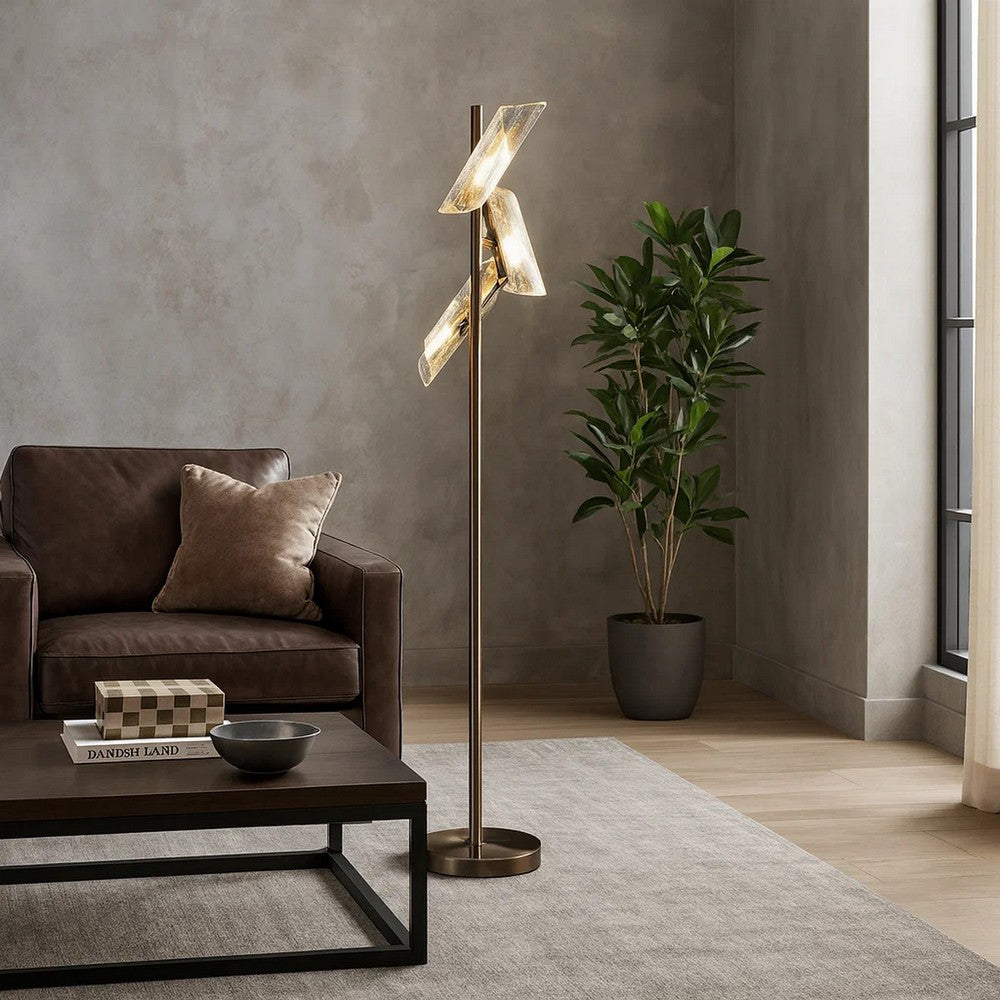 Spark 62 Inch Floor Lamp, 3 Cylindrical Glass Shades, Antique Brass, Gold By Casagear Home