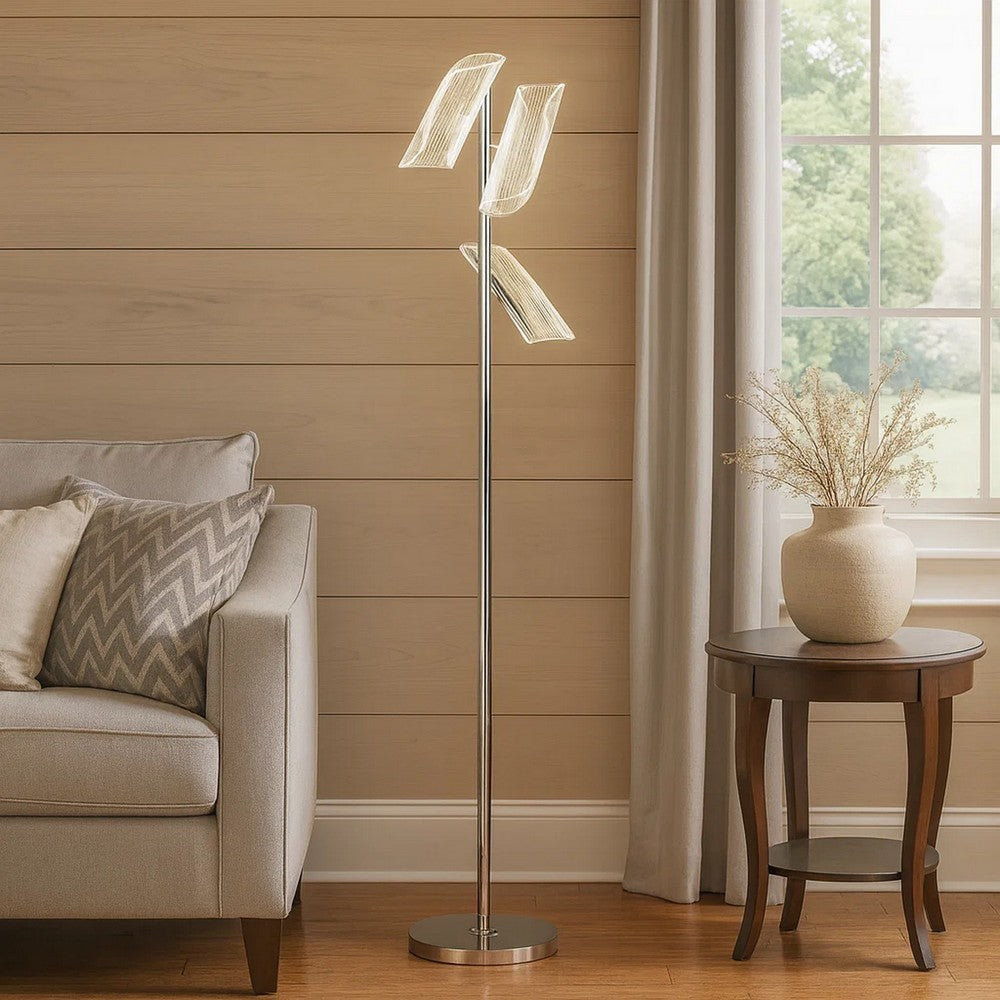 Spark 62 Inch Floor Lamp, 3 Cylindrical Glass Shades, Bright Nickel, Silver By Casagear Home