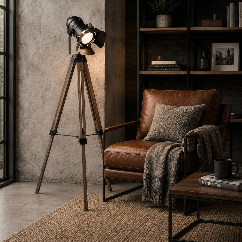 55 Inch Floor Lamp with Tripod Style Wood Frame, Spotlight, Brown and Black By Casagear Home