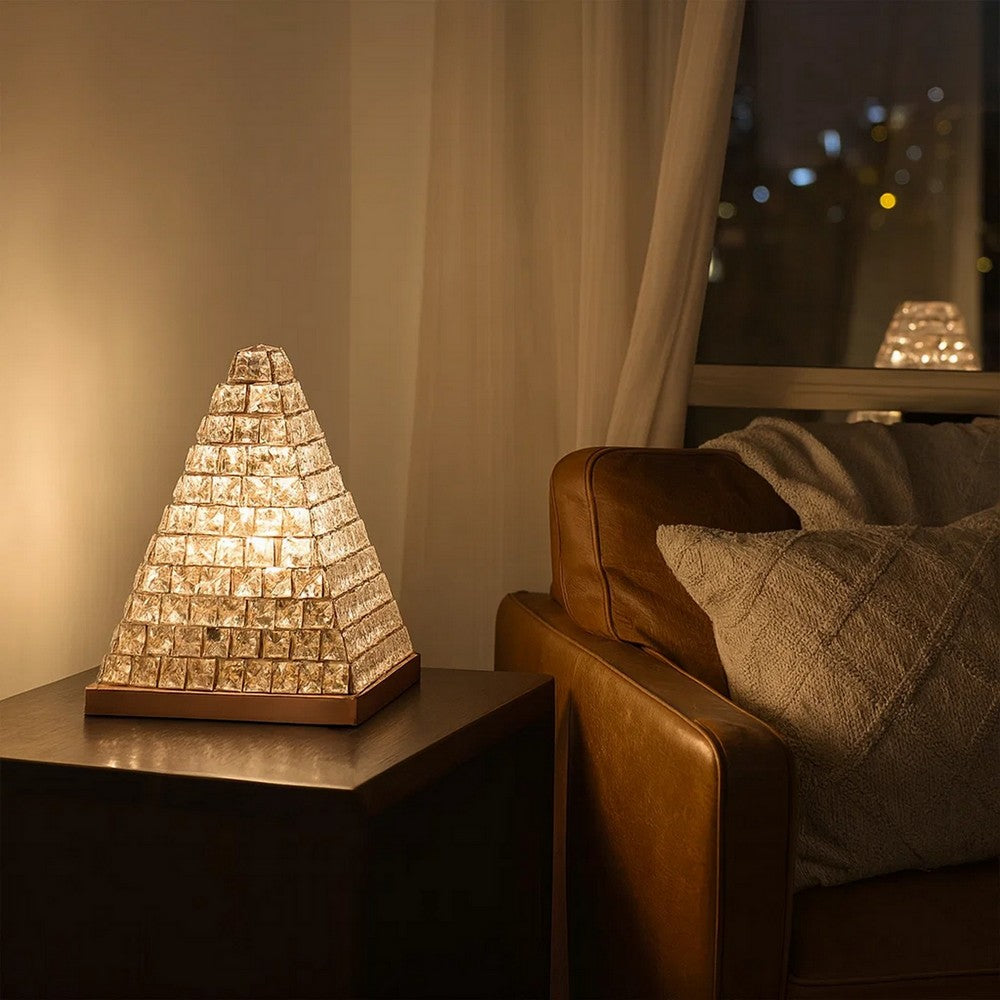 14 Inch Table Lamp, Crystal Pyramid Shaped Frame, Stone Studded, Silver By Casagear Home