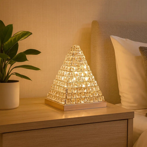 14 Inch Table Lamp, Crystal Pyramid Shaped Frame, Stone Studded, Silver By Casagear Home