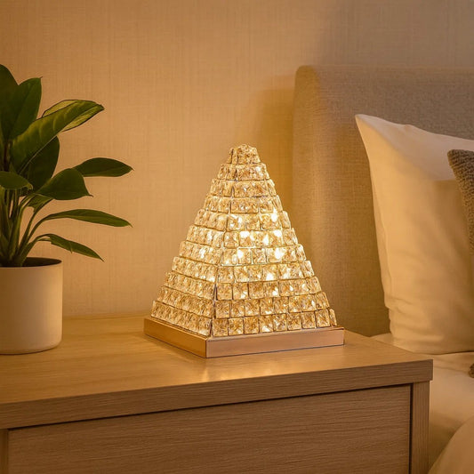 14 Inch Table Lamp, Crystal Pyramid Shaped Frame, Stone Studded, Silver By Casagear Home