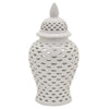 Deni 19 Inch Ginger Jar Large Carved Cutout Lattice Design with Lid White By Casagear Home BM309700