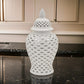 Deni 19 Inch Ginger Jar, Large Carved Cutout Lattice Design with Lid, White By Casagear Home