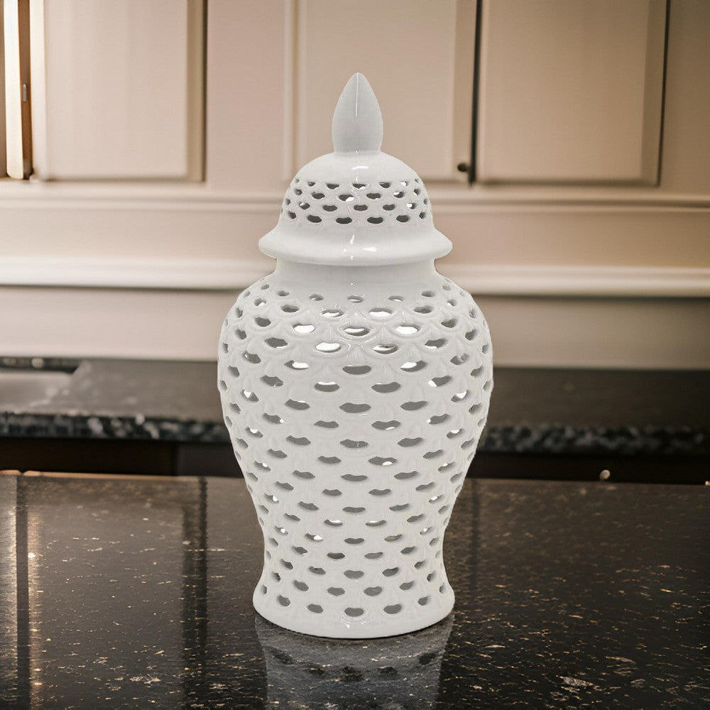 Deni 19 Inch Ginger Jar, Large Carved Cutout Lattice Design with Lid, White By Casagear Home