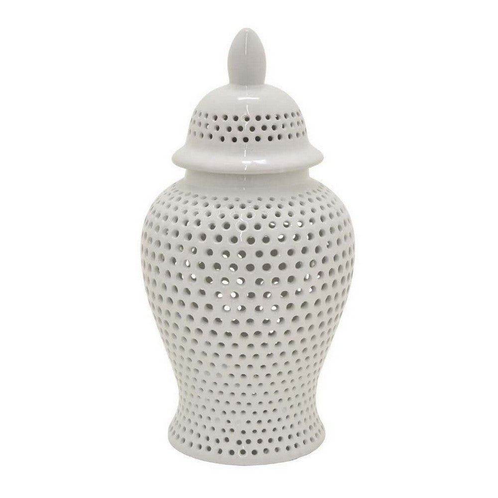 Deni 19 Inch Ginger Jar Small Carved Cutout Lattice Removable Lid White By Casagear Home BM309702