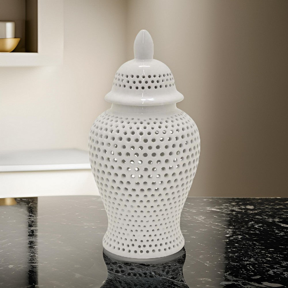 Deni 19 Inch Ginger Jar, Small Carved Cutout Lattice, Removable Lid, White By Casagear Home