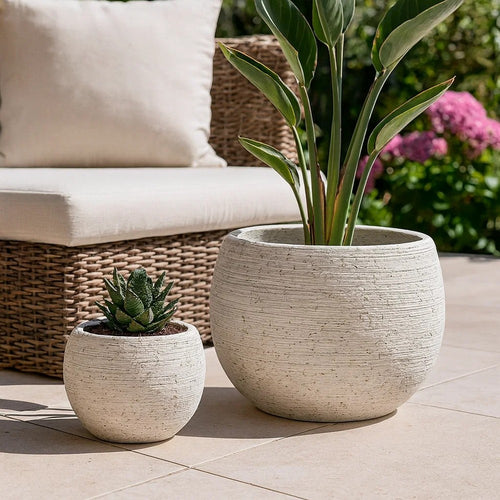 Line 10 Inch Planter Set of 2, Round Shaped Resin Body, Textured White