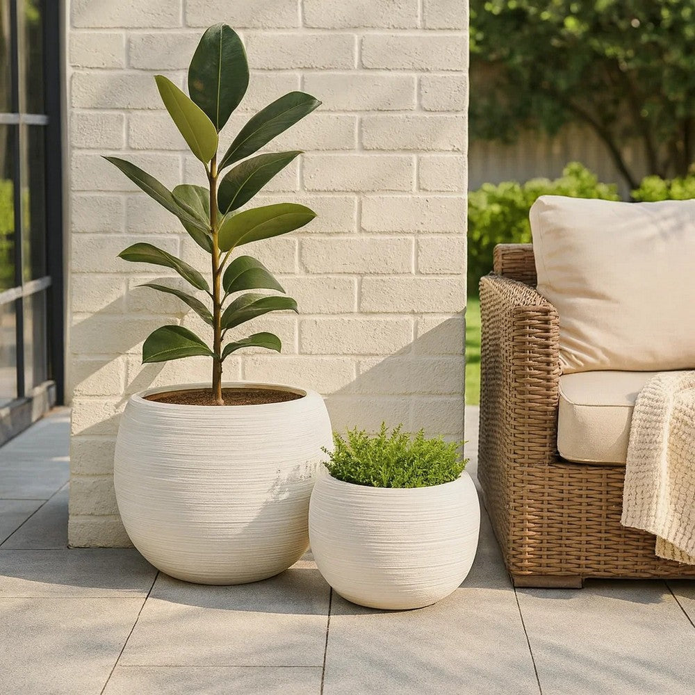 Line 10 Inch Planter Set of 2, Round Resin Body, Carved White Finish By Casagear Home