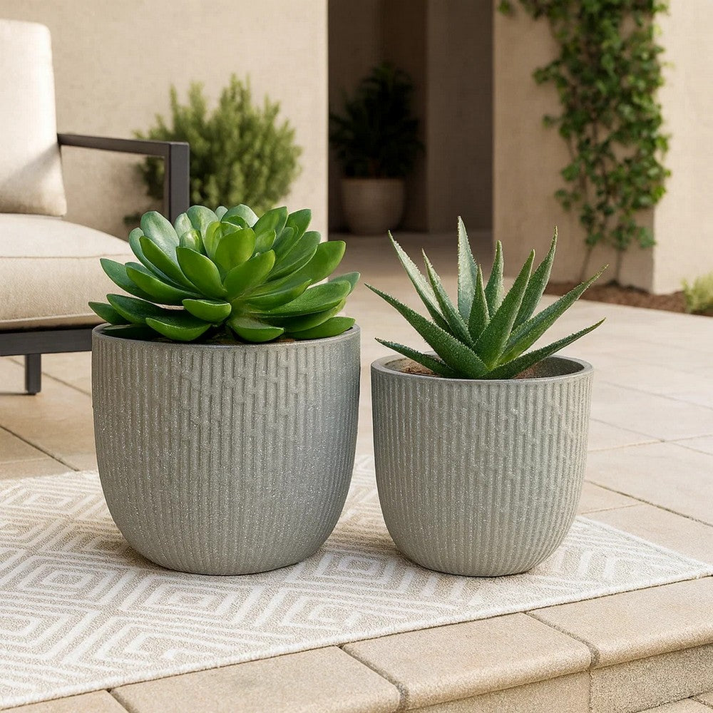 14 Inch Planter Set of 2, Drum Shape, Engraved Design, Textured Green By Casagear Home