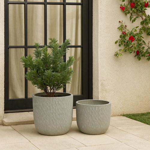 14 Inch Planter Set of 2, Drum Shape, Engraved Design, Textured Green By Casagear Home