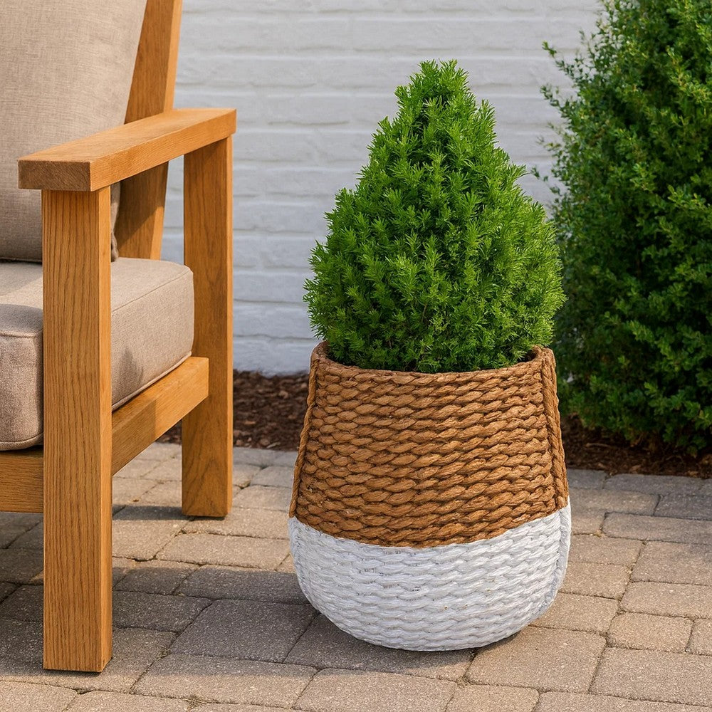 Reno 15 Inch Planter, Rope Woven Design, White and Brown Finished Resin By Casagear Home