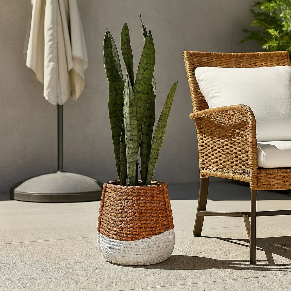 Reno 15 Inch Planter, Rope Woven Design, White and Brown Finished Resin By Casagear Home