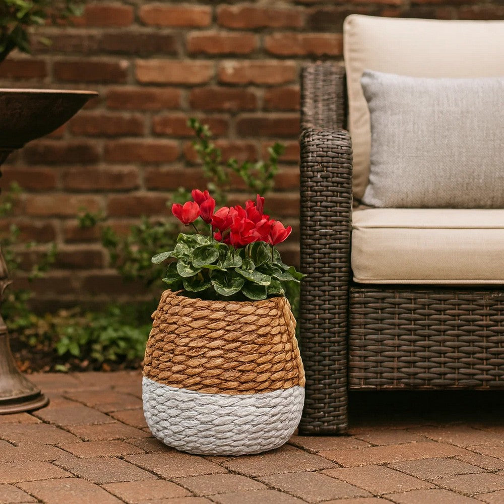 Reno 12 Inch Planter, Rope Woven Design, White and Brown Finished Resin By Casagear Home