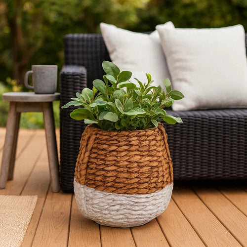 Reno 12 Inch Planter, Rope Woven Design, White and Brown Finished Resin By Casagear Home