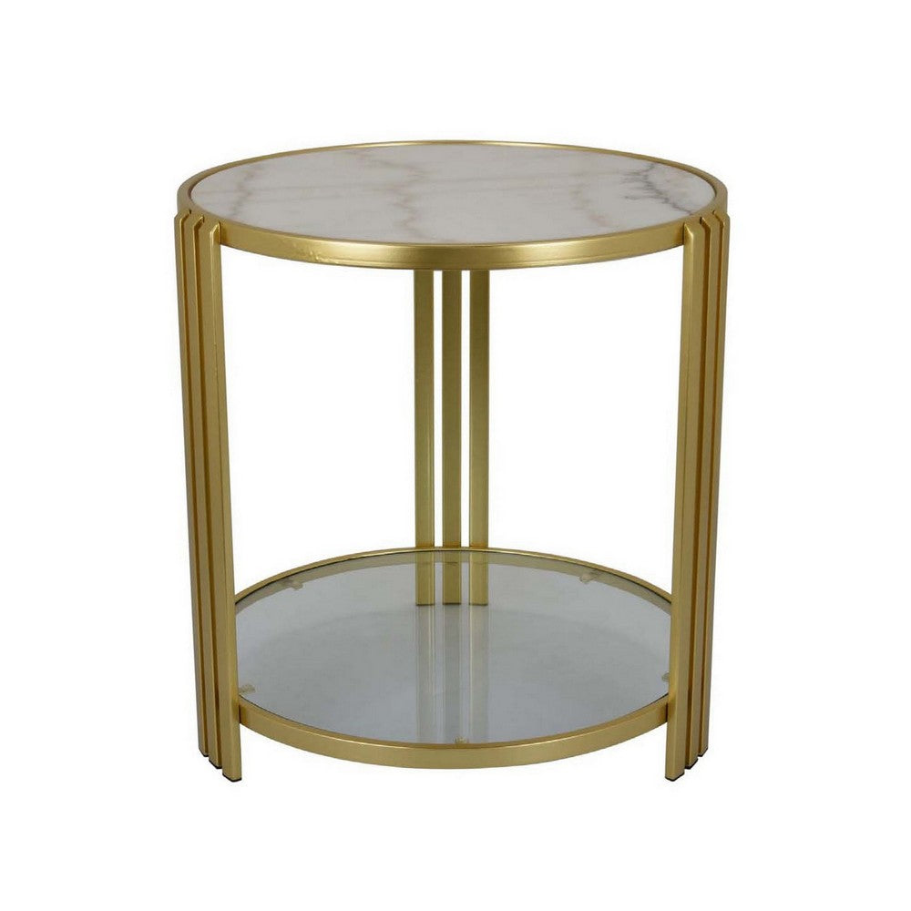 Lee 20 Inch Plant Stand Round White Marble Top Open Metal Frame Gold By Casagear Home BM309756