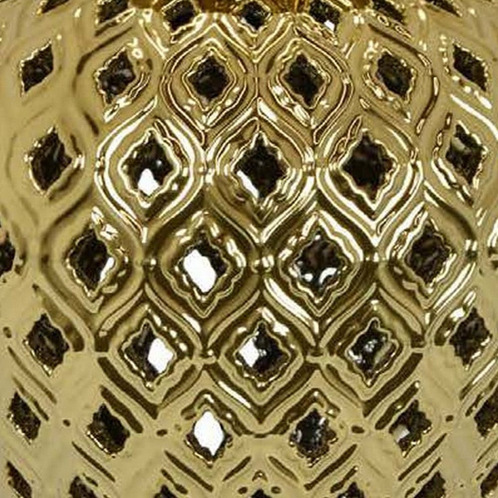 Deni 18 Inch Temple Jar Pierced Carved Lattice Design Lid Gold By Casagear Home BM309796