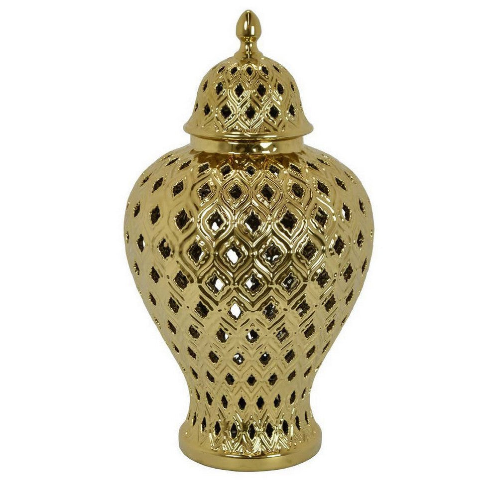 Deni 18 Inch Temple Jar Pierced Carved Lattice Design Lid Gold By Casagear Home BM309796