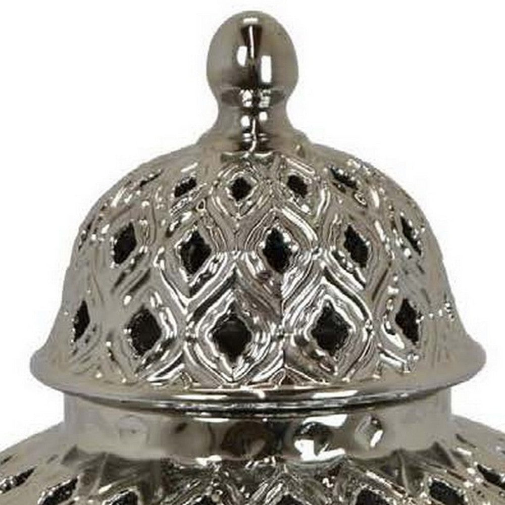 Deni 18 Inch Temple Jar Pierced Carved Lattice Design Lid Silver By Casagear Home BM309797