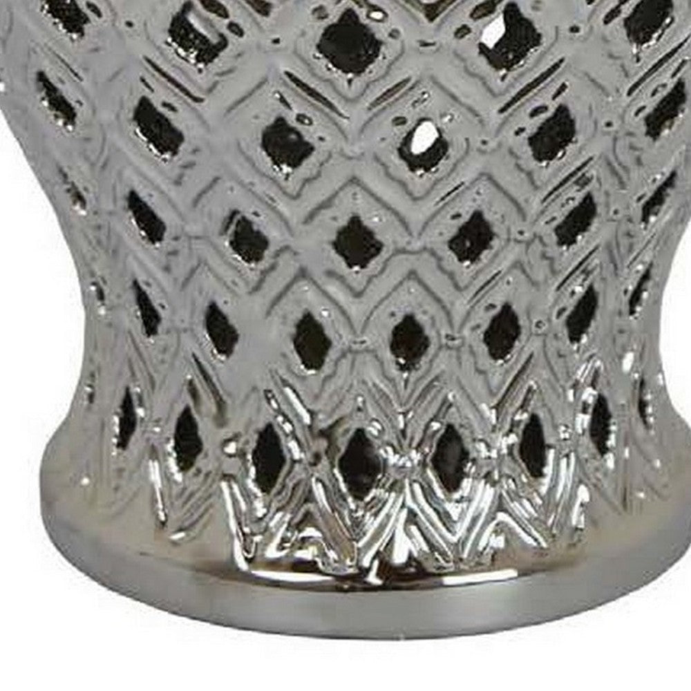 Deni 18 Inch Temple Jar Pierced Carved Lattice Design Lid Silver By Casagear Home BM309797