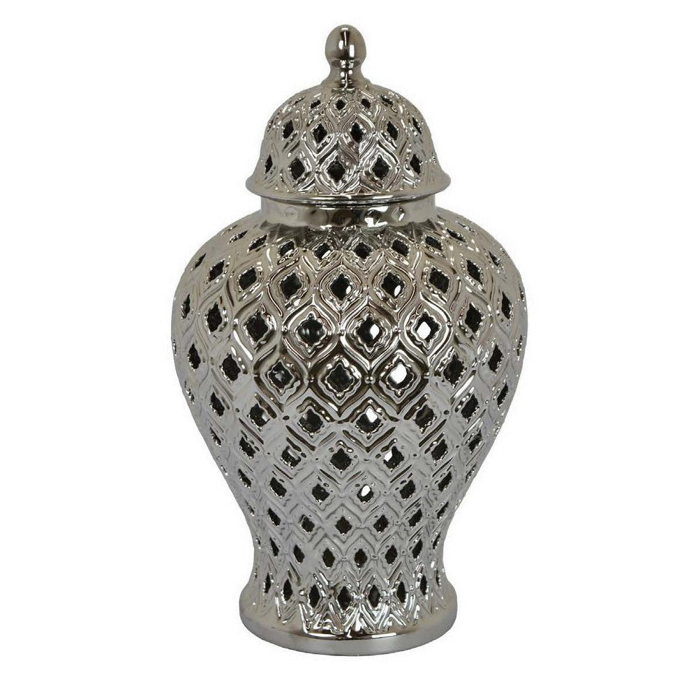 Deni 18 Inch Temple Jar Pierced Carved Lattice Design Lid Silver By Casagear Home BM309797