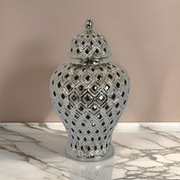 Deni 18 Inch Temple Jar, Pierced, Carved Lattice Design, Lid, Silver By Casagear Home