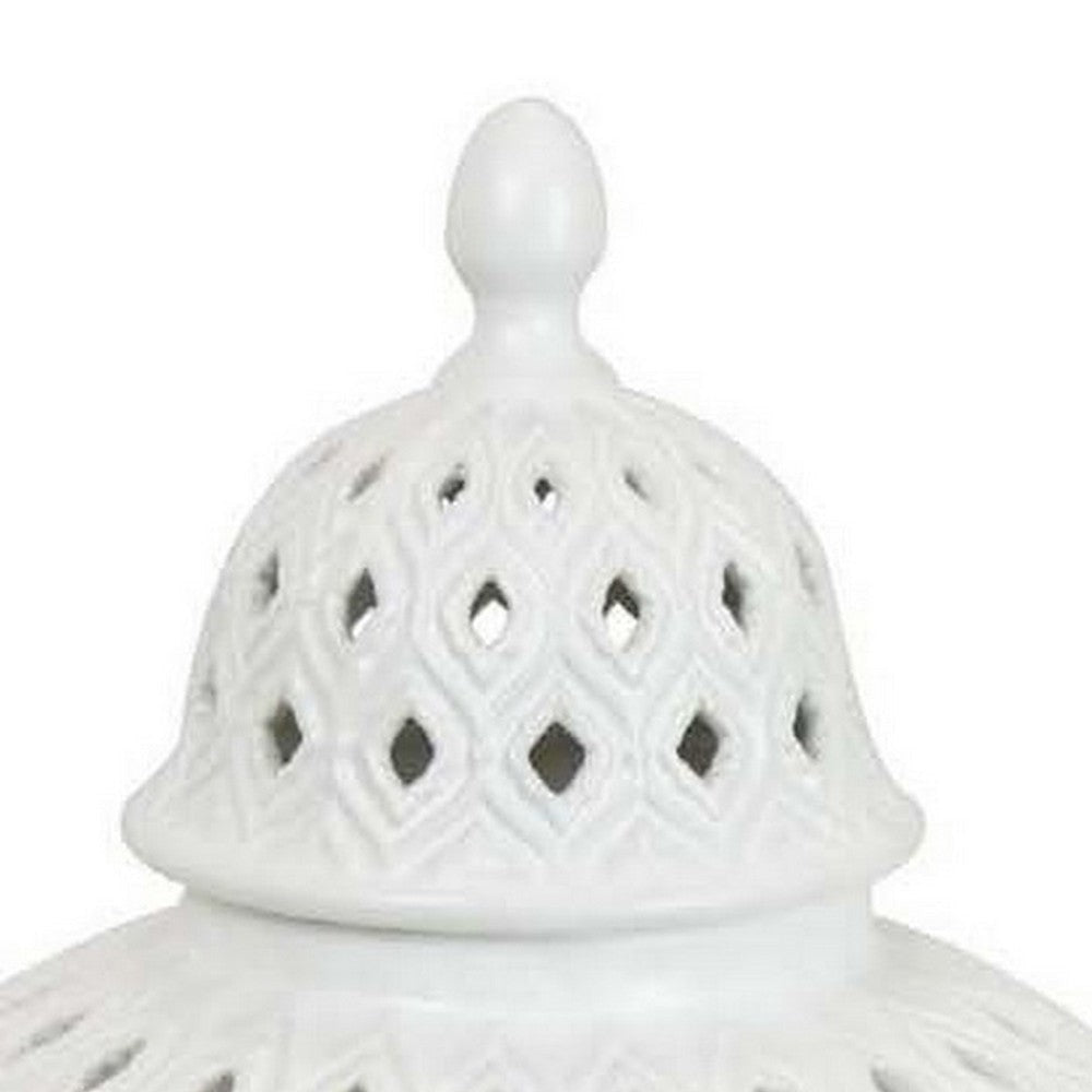 Deni 18 Inch Temple Jar Pierced Carved Lattice Design Lid White By Casagear Home BM309798