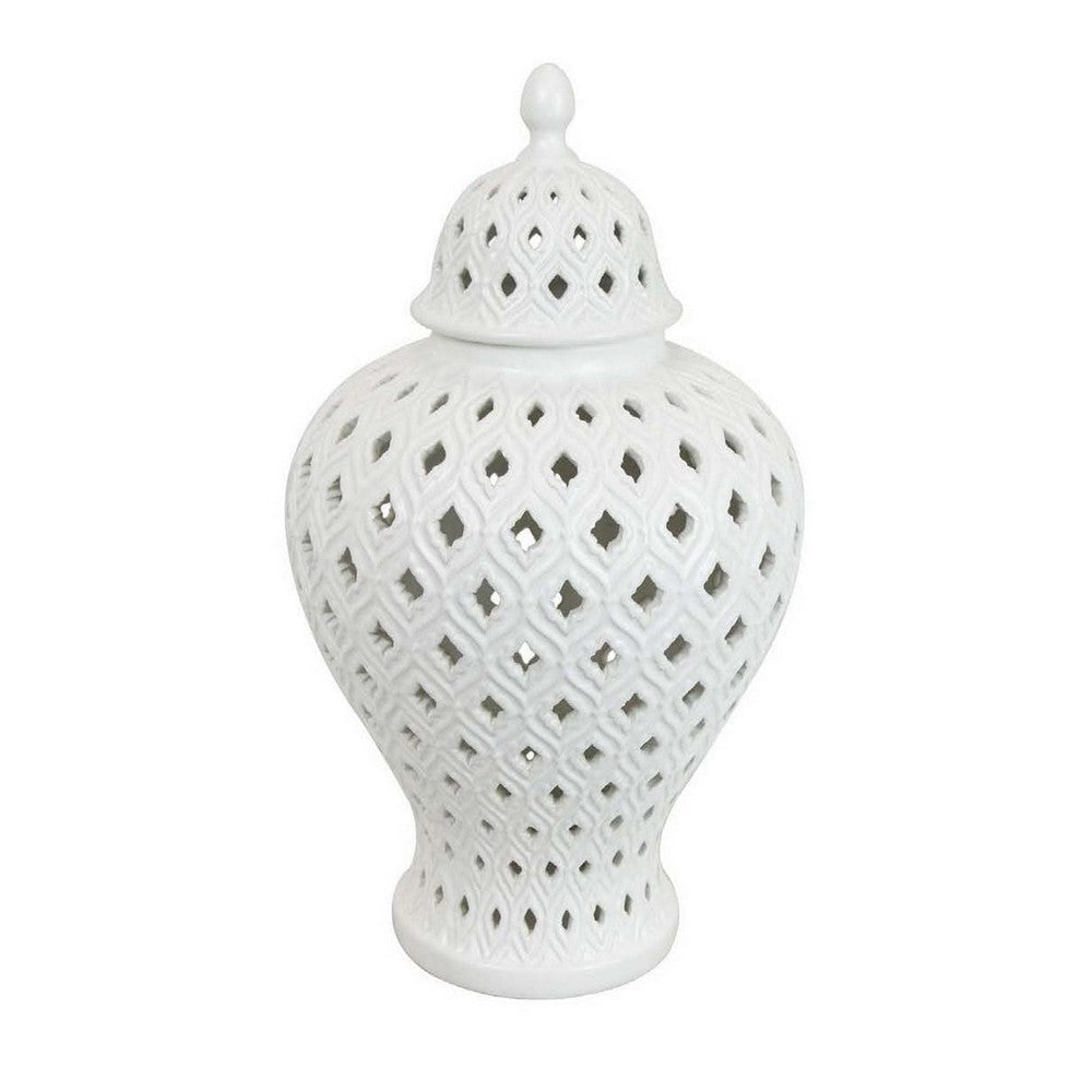 Deni 18 Inch Temple Jar Pierced Carved Lattice Design Lid White By Casagear Home BM309798