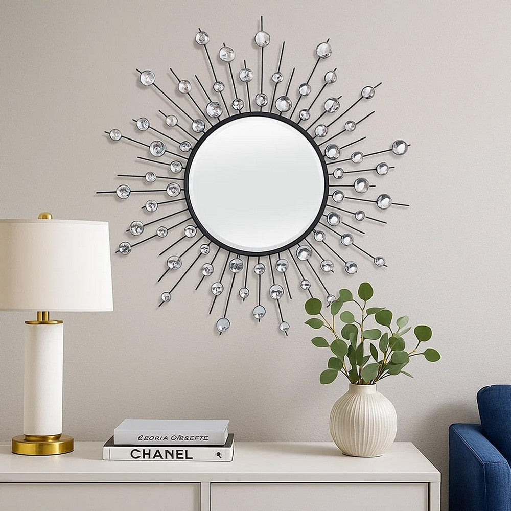 32 Inch Wall Decor, Round Mirror, Sunburst Style, Metal, Black, Silver By Casagear Home