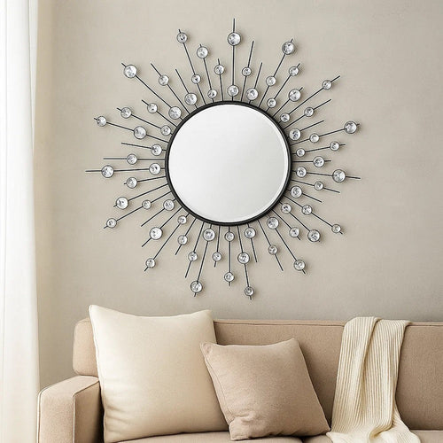 32 Inch Wall Decor, Round Mirror, Sunburst Style, Metal, Black, Silver By Casagear Home