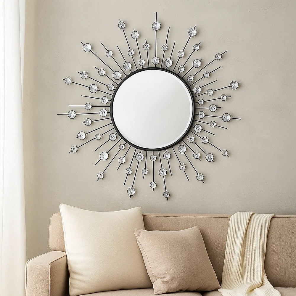 32 Inch Wall Decor, Round Mirror, Sunburst Style, Metal, Black, Silver By Casagear Home