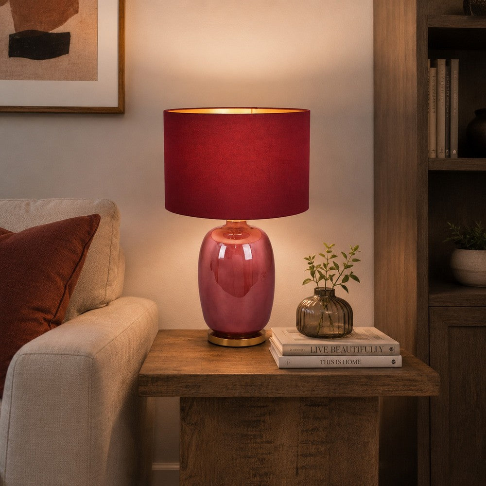 Gia 25 Inch Table Lamp, Drum Shade, Vase Shape Glass Body, Red Finish By Casagear Home